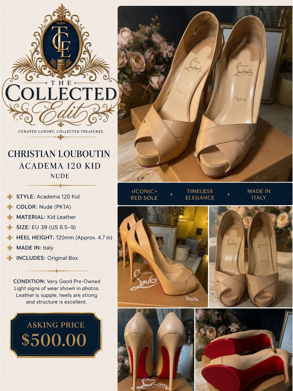 Christian Louboutin Nude Peep-Toe Academica 120 Kid Leather Pumps